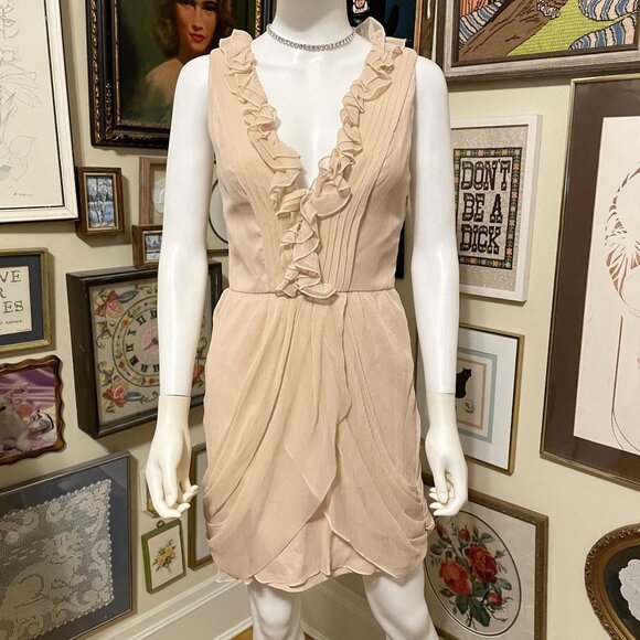 Vera Wang Lavender Label Ballet Pink Ruffled Mini Dress With V-Neck & Open Back - Picture 1 of 9